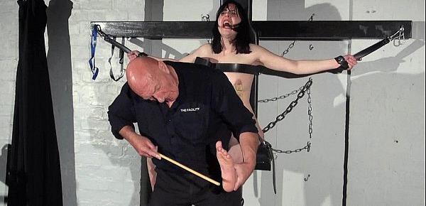  Feet whipping and bastinado of tied Honesty Cabellero in foot spanking and dunge